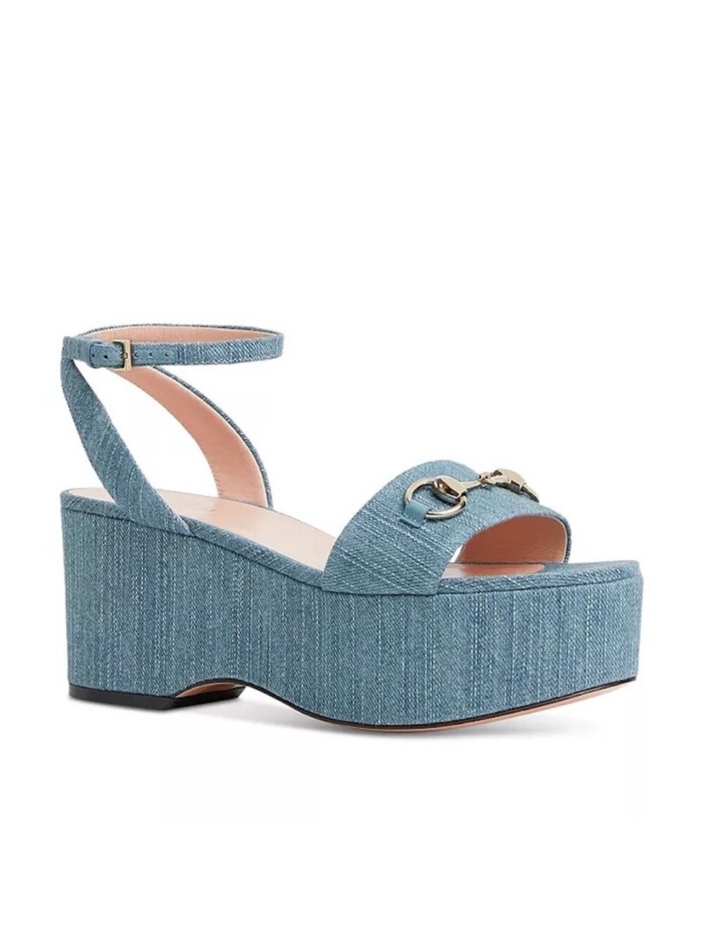 Gucci Lady Horsebit Denim Platform Wedge Heel Sandals Shoes Blue size 39EU - Picture 2 of 2
